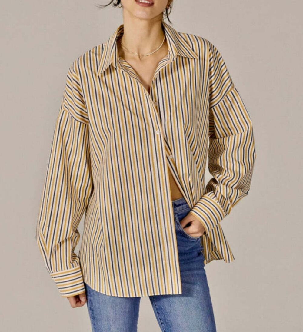 Favorite Daughter The Ex-Boyfriend Striped Button Down Shirt Yellow Blue Large